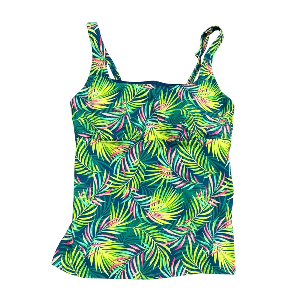 Lands End Women Tropical Palm Print Tankini Top Green Pink Yellow Size 10 NEW
